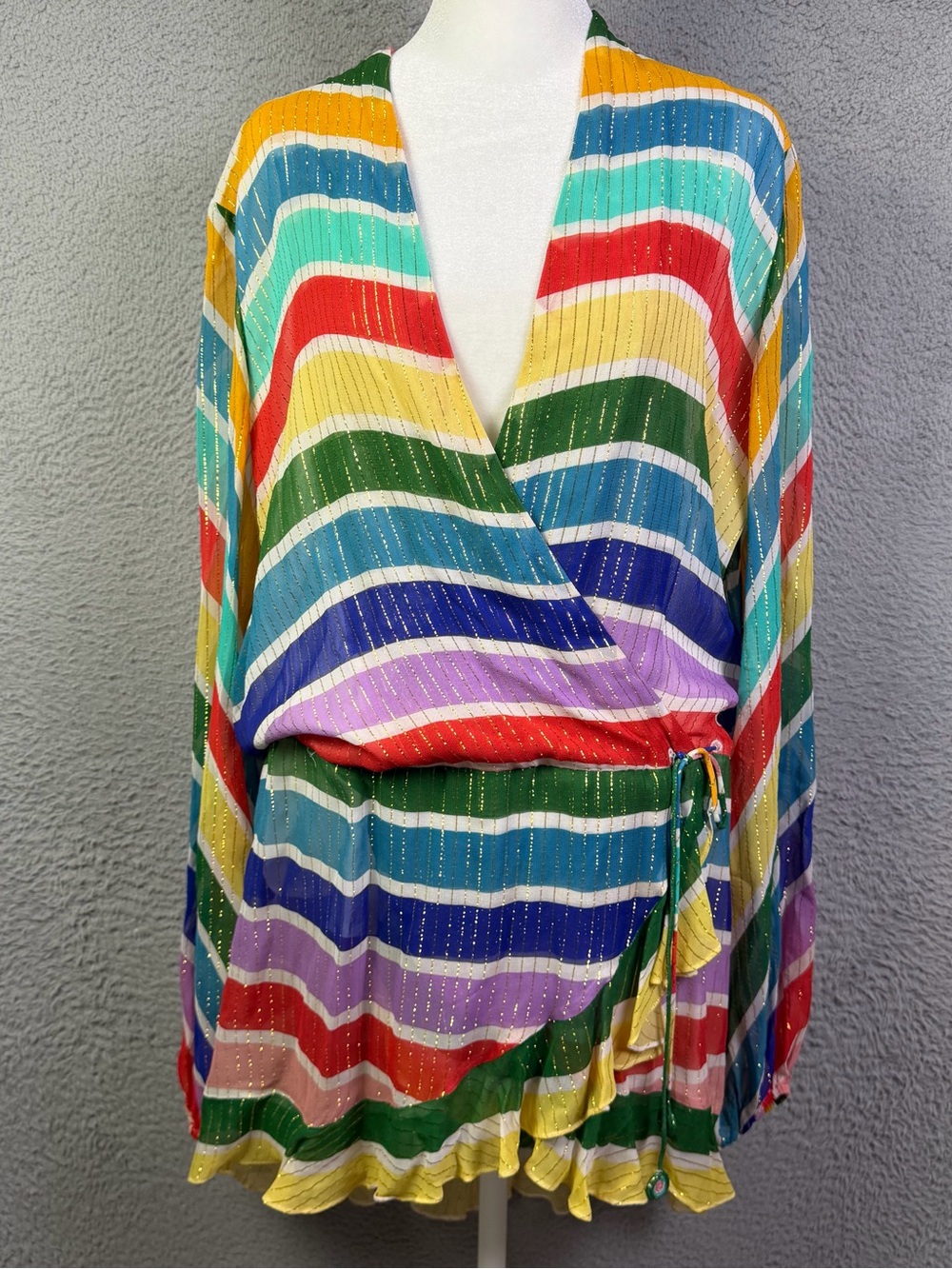 Rococo Sand Evie Blouson Mini Dress Large Multi Rainbow Striped Blouson Preppy